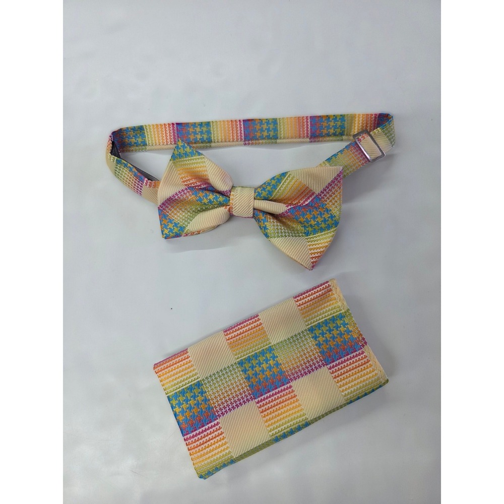Stacy Adams Mens Rainbow Houndstooth Bow Tie and Pocket Square Set Multi-Color